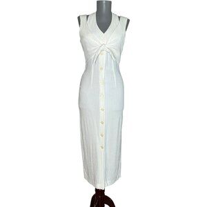 Vintage Dawn Joy Fashions Cream Button Front Midi Dress Tie Front Crinkle Sz XS